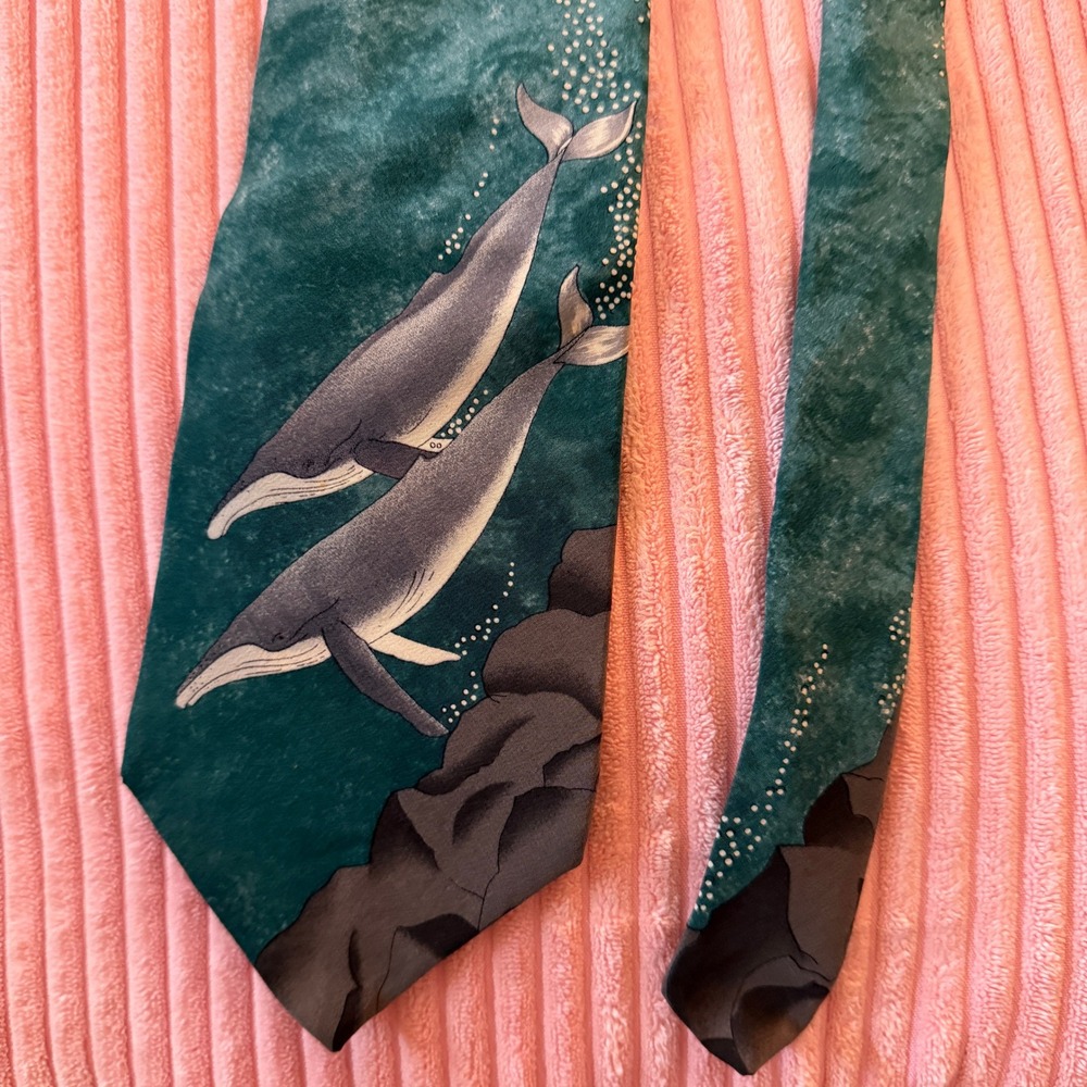 WWF Humpback Whales Necktie Mens OS Teal 1991 Vintage Design No 134